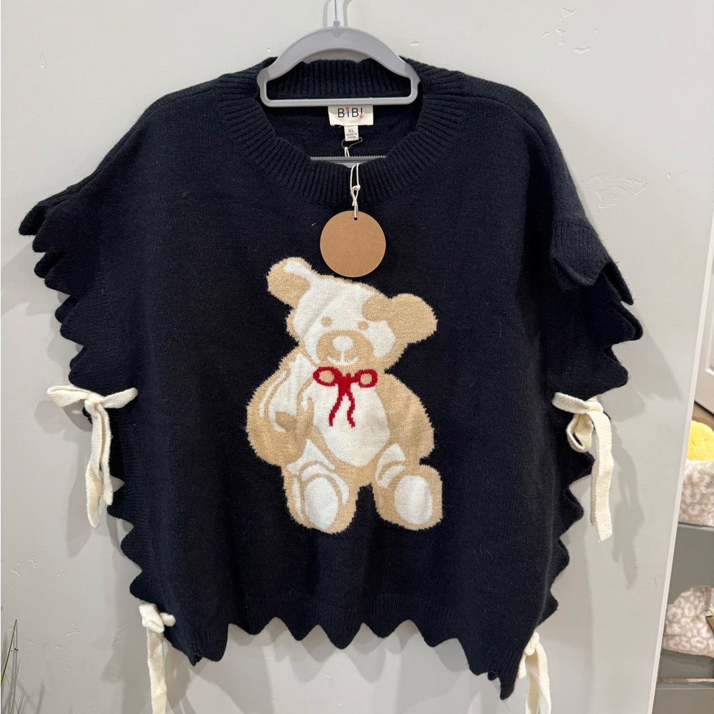 BiBi Black Sweater with Cream Teddy and Red Bow brand new size xl